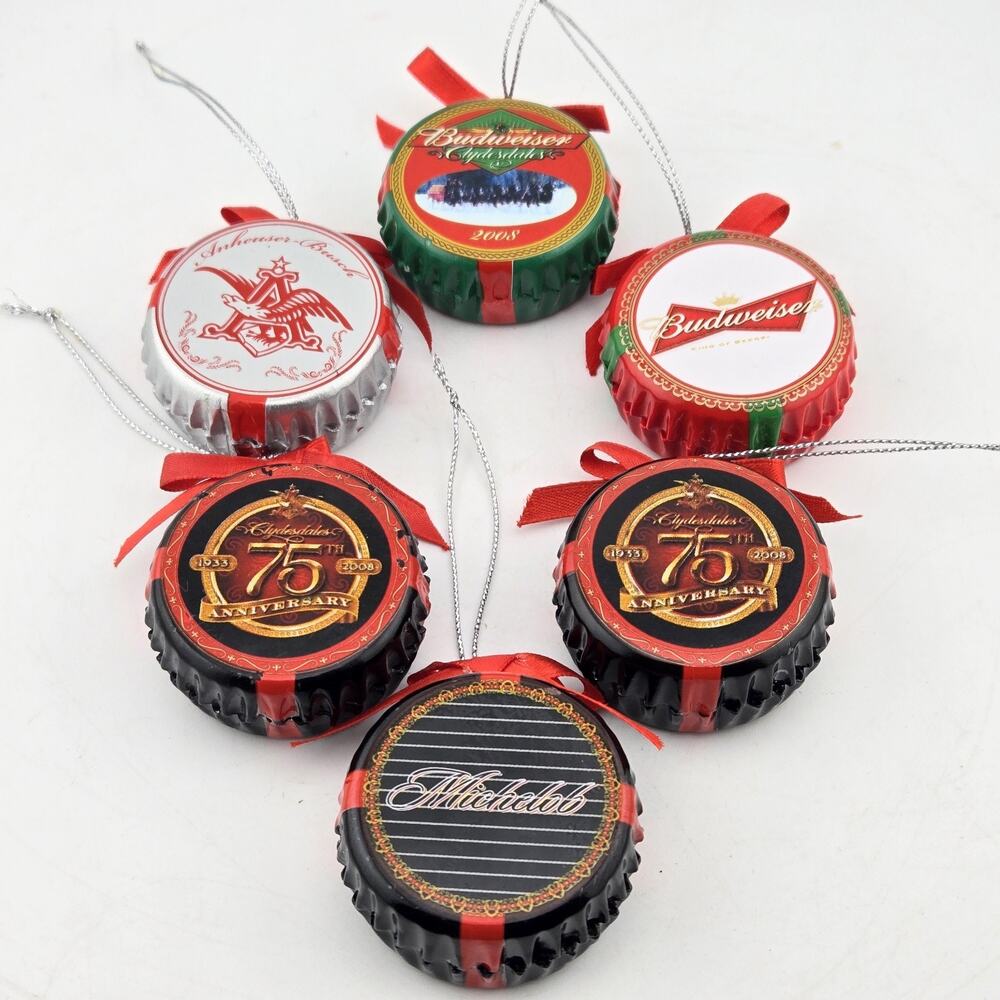 Budweiser Michelob 2008 Bottle Cap Christmas Ornaments Clydesdales Lot of 6